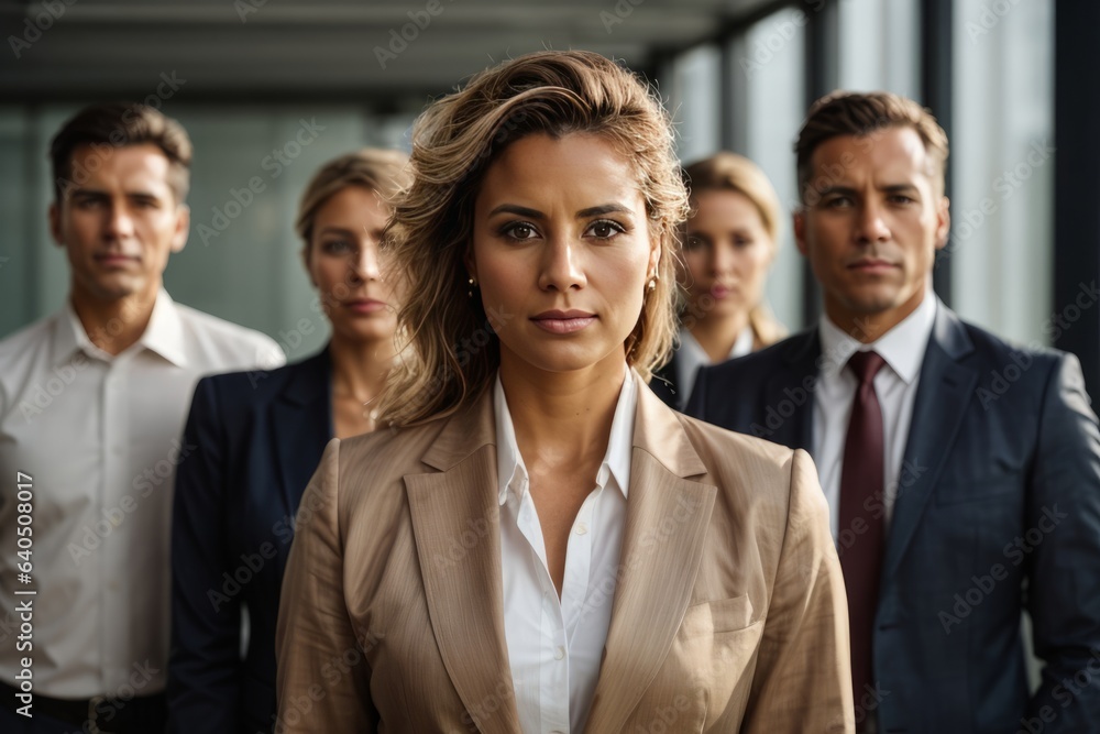 Confident businesswoman standing in front with her team Confident businesswoman standing in front with her team