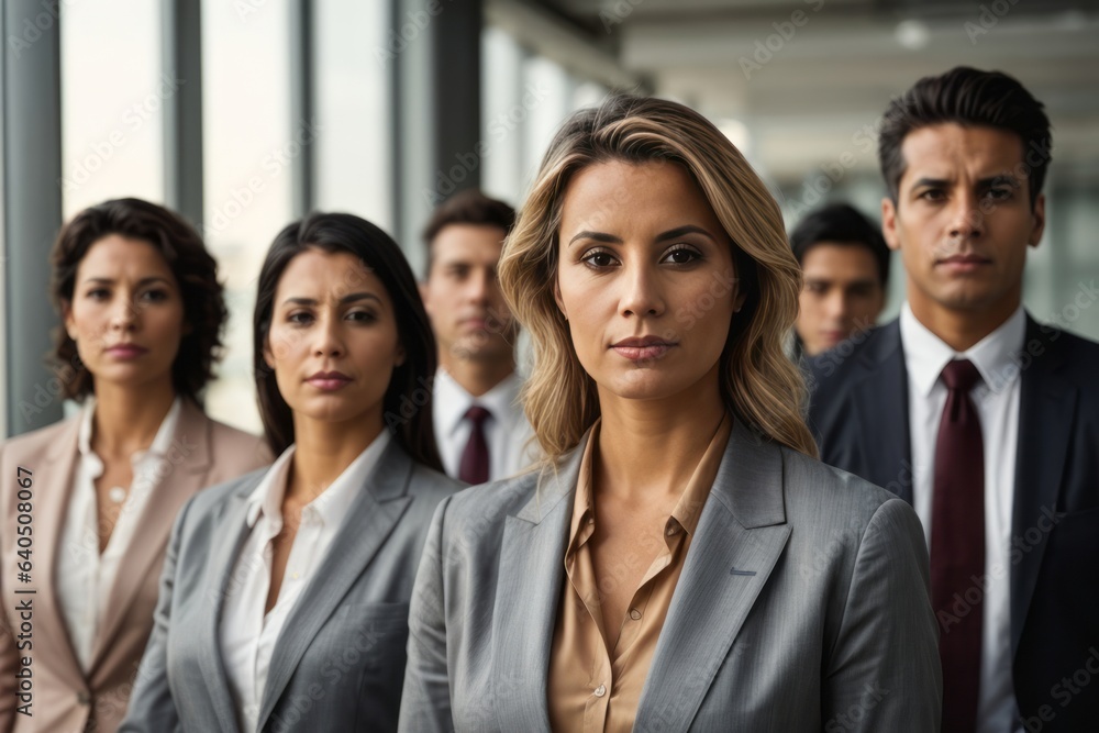 Confident businesswoman standing in front with her team Confident businesswoman standing in front with her team