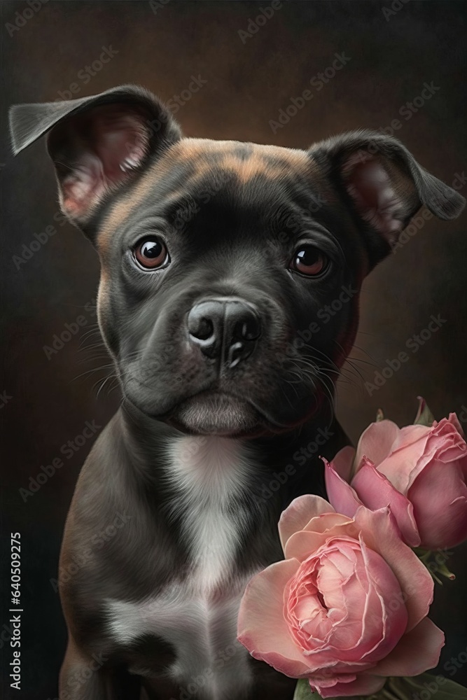 pretty pretty pitbull puppy with pink roses on dark background mexico latin america