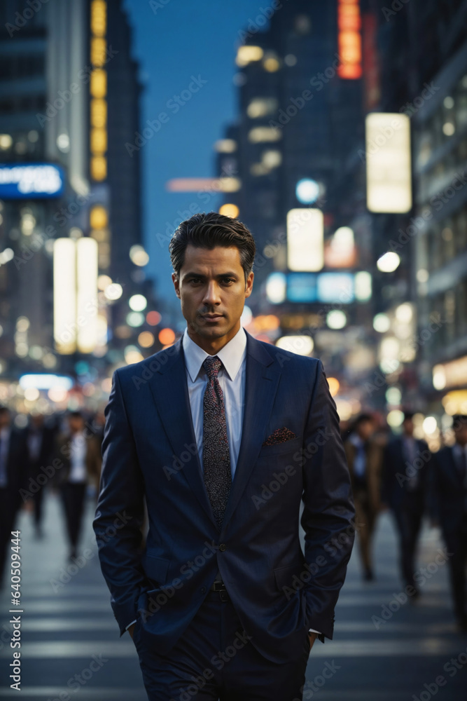 businessman walking in the big city in blue hour