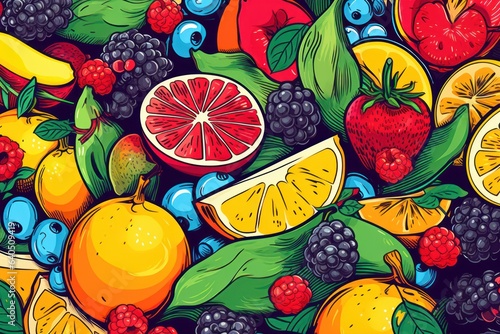 multicolored background with stylized juicy fruits, ai tools generated image © whitehoune