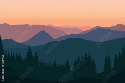 Landscape with mountains and pine forest. Vector illustration in flat style.