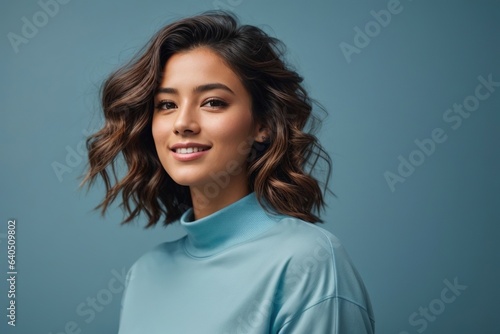Young happy surprised caucasian smiling woman 20s wear blue shirt on workspace area copy space mock up isolated on blue color background studio portrait