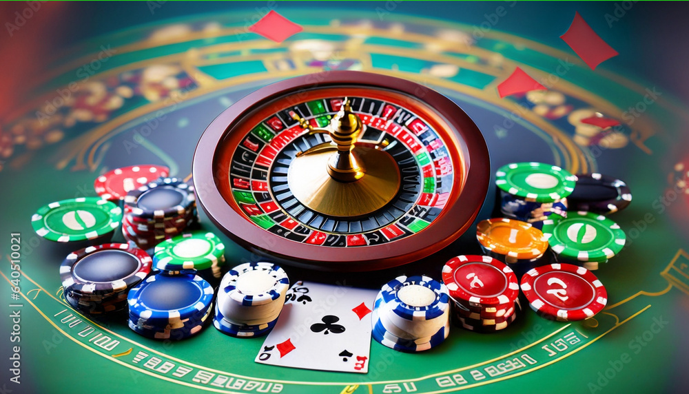 casino roulette table, casino games party, a roulette wheel as the central focus and playing cards, Ai Generate casino roulette table, casino games party, a roulette wheel as the central focus and playing cards, Ai Generate