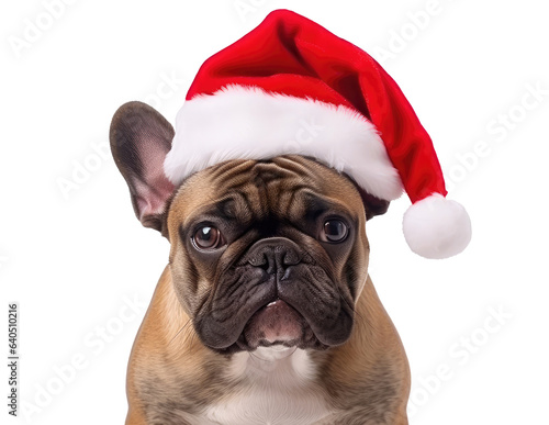 Portrait of a bulldog wearing Christmas hat isolated on transparent background © Aleksandr Bryliaev