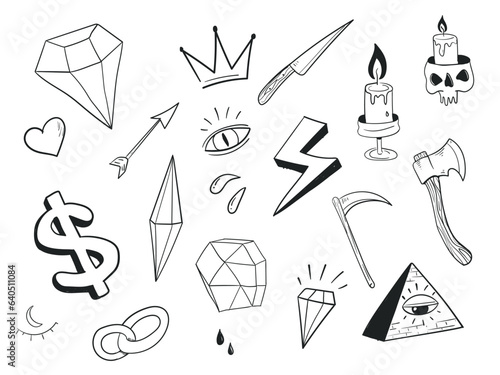 Various tattoo element doodle, diamond, crown, candle, axe, eye, skull