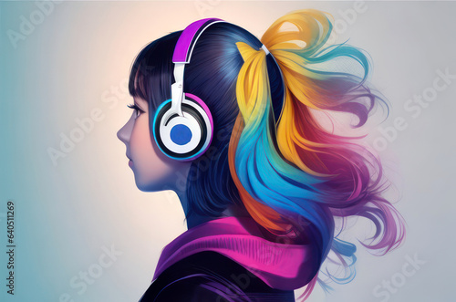 Behind the scenes of young woman wearing headphones against sound waves background.generative AI