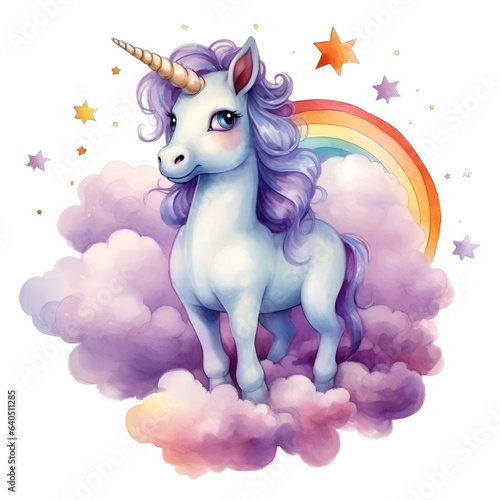 Cute watercolor unicorns isolated on a white background. Design for baby shirt design, nursery decor, card making, party invitations, logos, greeting cards, posters, D.I.Y. and other.
