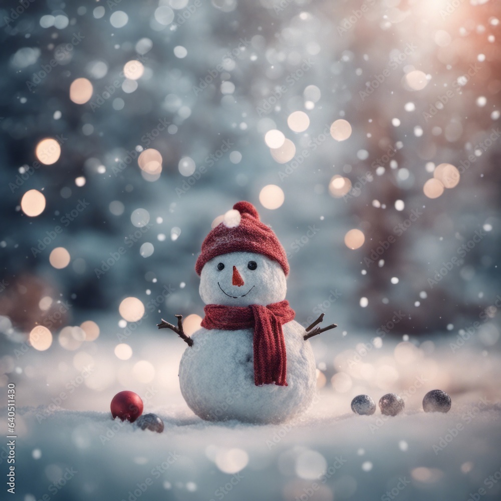 Merry Christmas Background With a Cute Snowman Outdoors in Winter Merry Christmas Background With a Cute Snowman Outdoors in Winter
