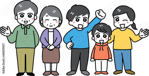 笑顔の老夫婦と子供のいる若い家族の5人(全身)