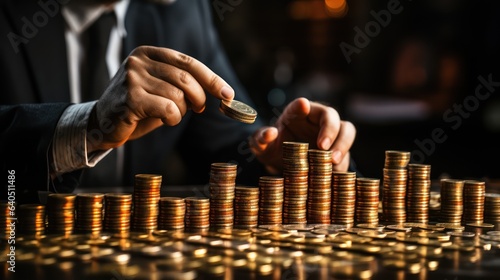 Stack of gold coins on a graph with businessman hand in background 