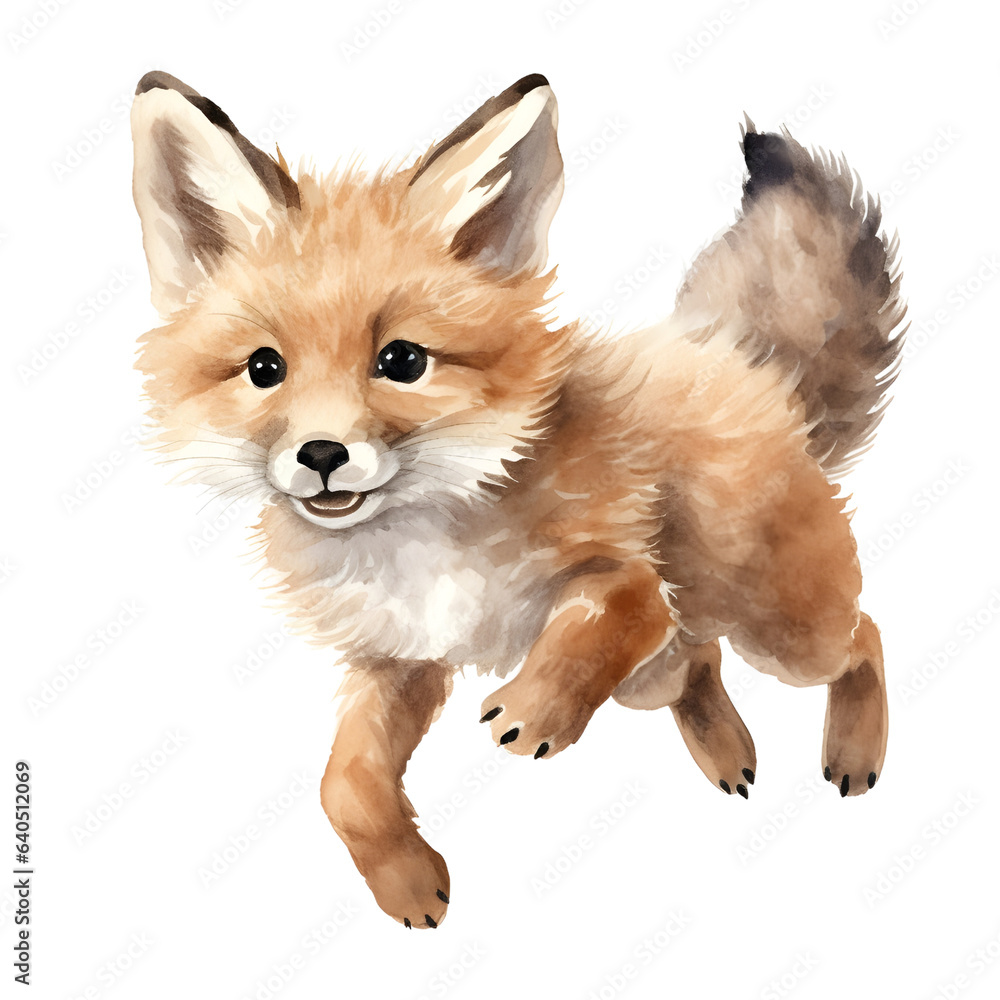Red fox jump isolate on white background, Watercolor style.