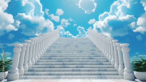 Motivation concept idea of ladder leading up to a puffy cotton cloud on a blue background photo