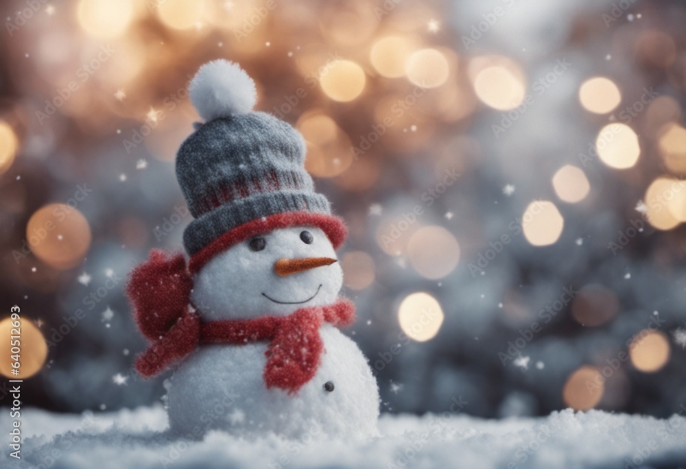 Merry Christmas Banner With a Cute Snowman Outdoors in Winter