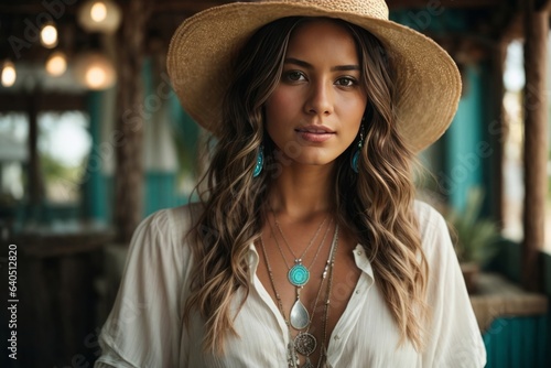 Boho chic woman in a straw hat in a white short blouse and with silver turquoise jewelry. Boho fashion. Hippie style