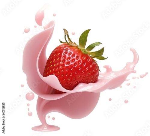 Milk or yogurt splash with strawberries isolated on white background