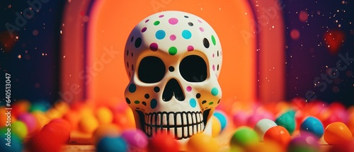 Polka dot neon UV glow painted room and large skull prop for Halloween themed party with matching colorful balls scattered around - generative ai