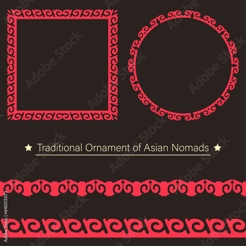 Set of seamless 2 border, 2 frame with vector ornamental elements of Kazakh, Kyrgyz, Tatar, national Asian decor for borders, textile, plate, tile, and print design. Workpiece for your design.