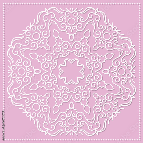 Mandala, lace paper doily, embossed pattern, 3D, round element. Paper cut out design, laser cut template. Vintage lace doily with border. Floral round napkin for your design.