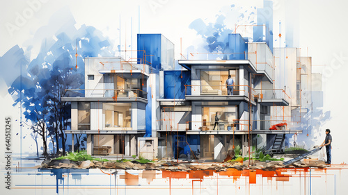 An image of a house under construction and builders, a concept for a new office or modern residence © HelgaQ