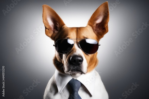 portrait of dog with sunglasses and tie