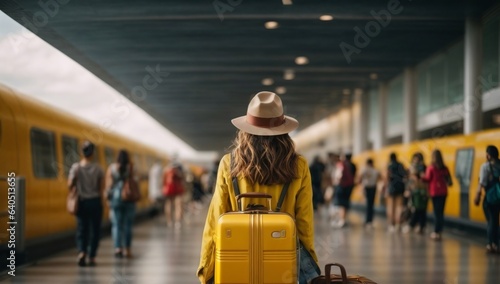Woman traveler with yellow suitcase at the airport or train station