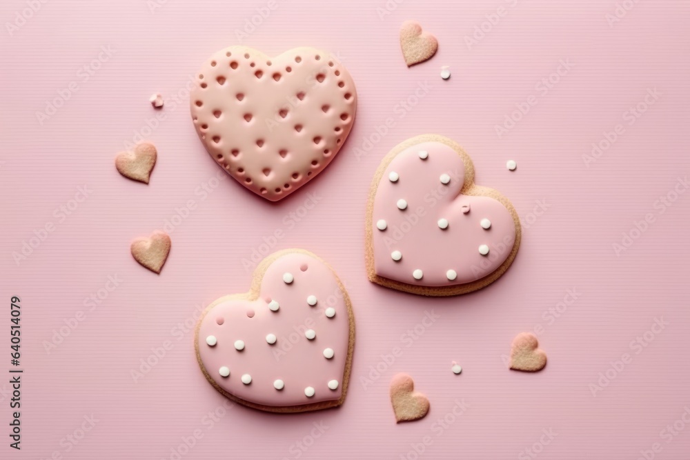 heart-shaped perforated cookies on a light pink background, glazed and sprinkled with white chocolate,