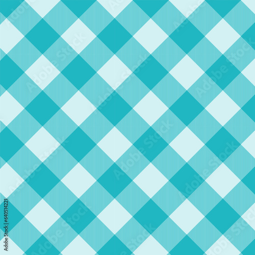 Seamless diagonal plaid and checkered patterns in turquoise and white for textile baby and kid's design. Gingham pattern with square shapes graphic background for a fabric print. Vector illustration.