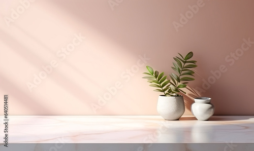 empty marble table with vase for product placement. Minimal product stage