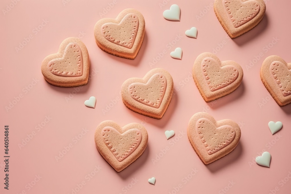 Heart-shaped cookie to give to your loved one, with small hearts around it, details of sugar sprinkled on the pink background Heart-shaped cookie to give to your loved one, with small hearts around it, details of sugar sprinkled on the pink background