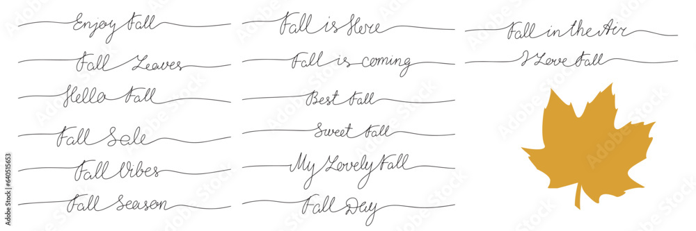 Short Autumn phrases lettering. One line continuous. Vector illustration. Short Autumn phrases lettering. One line continuous. Vector illustration.