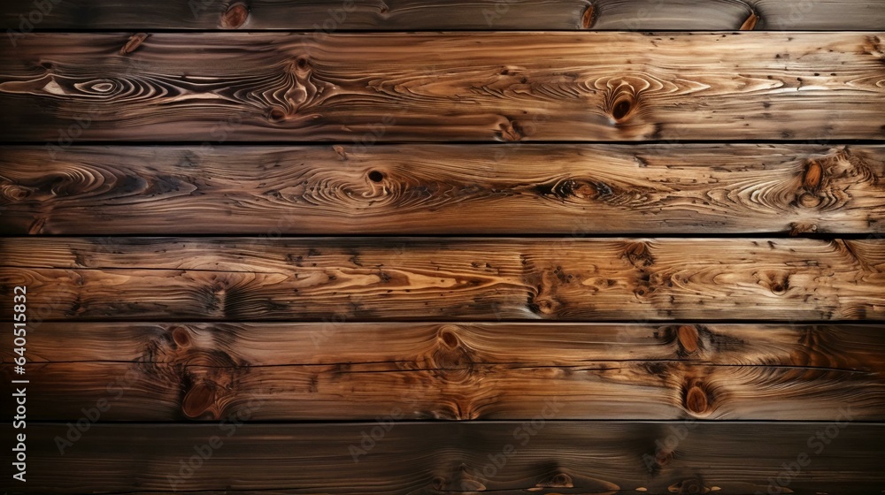 Textural surface of the wall of wooden horizontal planks of natural brown wood background. AI generated