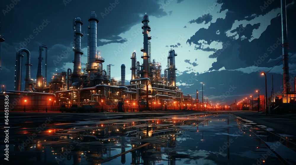 Modern chemical industrial equipment, distillation columns, tanks, heat exchangers, pipelines with valves at an oil refinery petrochemical plant. AI generated