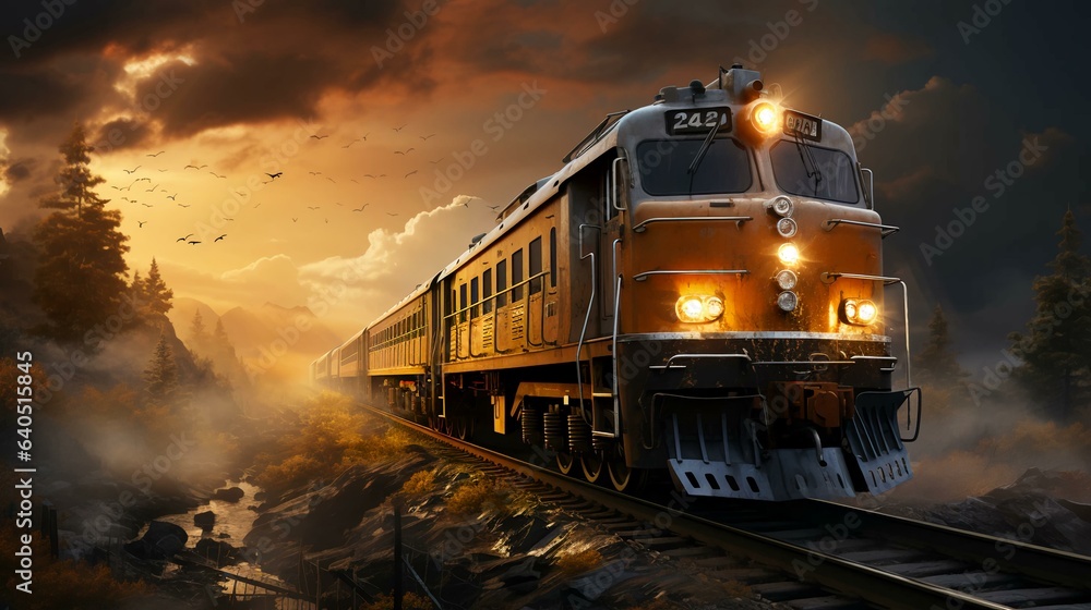Obraz premium The train rides on rails and delivers goods and people by rail. AI generated
