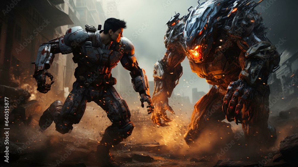 Fototapeta premium Fight of two futuristic robots with metal details