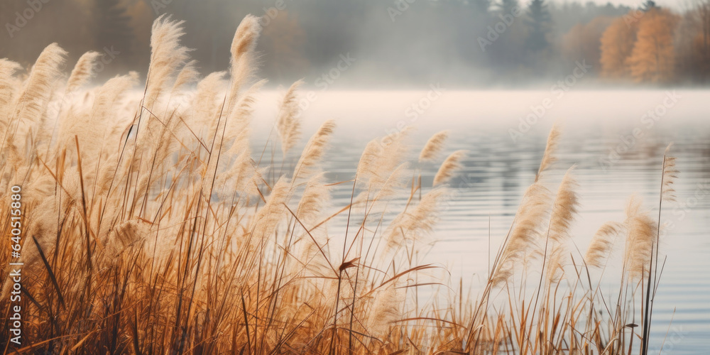 Obraz premium Diffused light of a misty autumn afternoon, this image showcases a serene lake surrounded by tall grasses, their golden heads swaying gently in the breeze