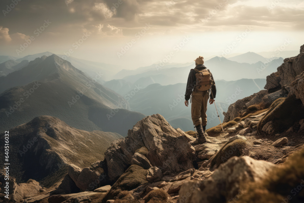 Take a break from the hustle and bustle of the city with this man standing on top of a mountain, enjoying the view and the peace and quiet of nature. AI Generative. Take a break from the hustle and bustle of the city with this man standing on top of a mountain, enjoying the view and the peace and quiet of nature. AI Generative.