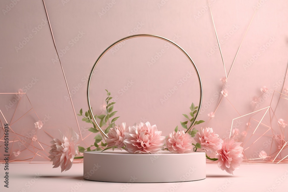 premium podium lily Beauty stone background golden rose stage grey minimal dahlia floral cosmetic spring mock japanese pedestal flower promotion pedestal pink Product Twist Natural green - obrazy, fototapety, plakaty 