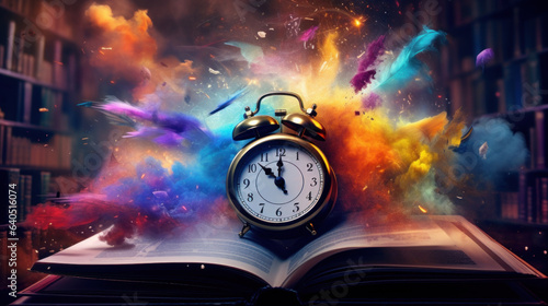 Alarm clock with book  colorful glowing smoke explosion  fantasy background