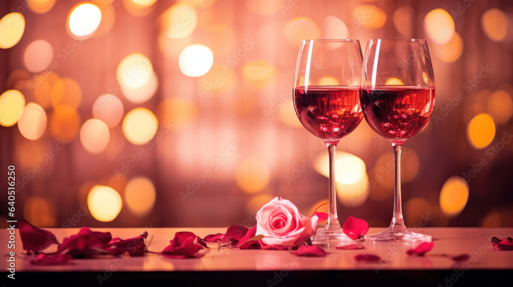 Romantic concept. Two glasses of vine with pink rose petals with golden bokeh background. Valentine's day banner. Celebration with wine and red rose. Romantic concept. Two glasses of vine with pink rose petals with golden bokeh background. Valentine's day banner. Celebration with wine and red rose.