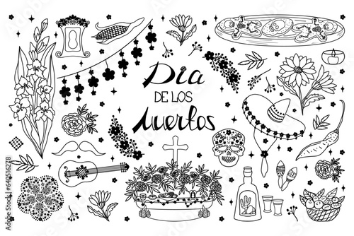 Set of Day of the Dead clipart. Hand drawn Dia de los Muertos doodle symbols for design. Traditional flowers, offerings, treats, altar, skeleton and skull cookies, marigold garland, lettering. 