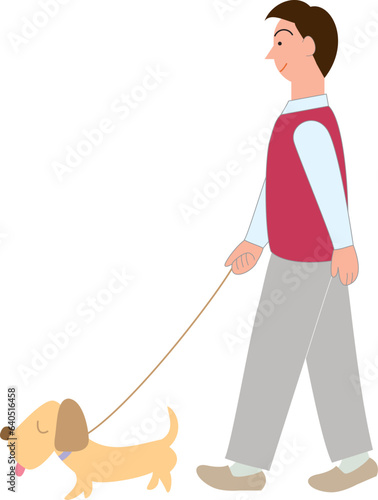 犬を連れて散歩をする中年男性
