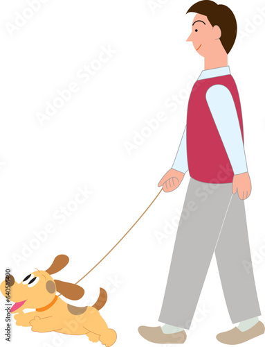 犬を連れて散歩をする中年男性
