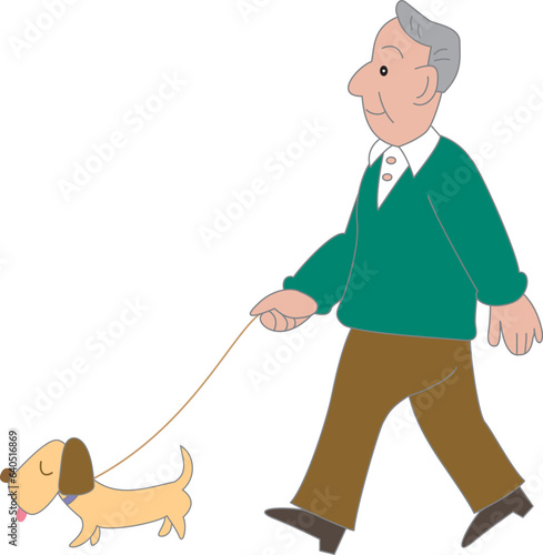 犬を連れて散歩をする高齢男性
