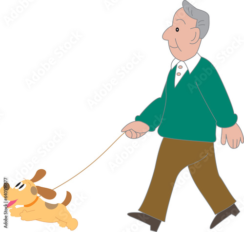 犬を連れて散歩をする高齢男性
