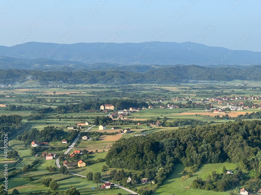 View of forests, fields, villages and Zagorje hills, during a panoramic balloon flight over Croatian Zagorje - Croatia (Panoramski let balonom iznad Hrvatskog zagorja - Hrvatska)