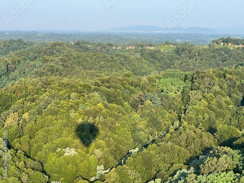 View of forests, fields, villages and Zagorje hills, during a panoramic balloon flight over Croatian Zagorje - Croatia (Panoramski let balonom iznad Hrvatskog zagorja - Hrvatska) photo