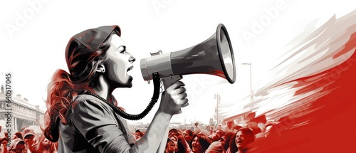 Rebell leader, a woman speech, a loud voice through a megaphone to the crowd, illustration, generative ai photo