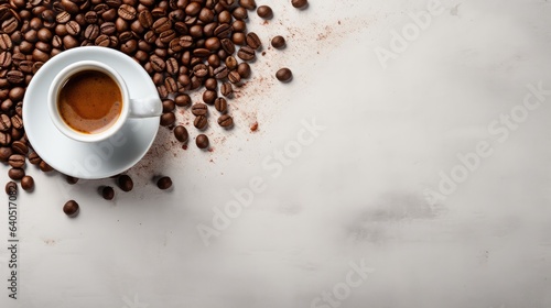 cup of coffee with scattered roasted coffee beans, top-down photo, copy space for text, generative ai