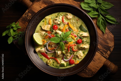 Thai green curry, tender chicken and vegetables, and fragrant herbs, top-down food photography. generative ai